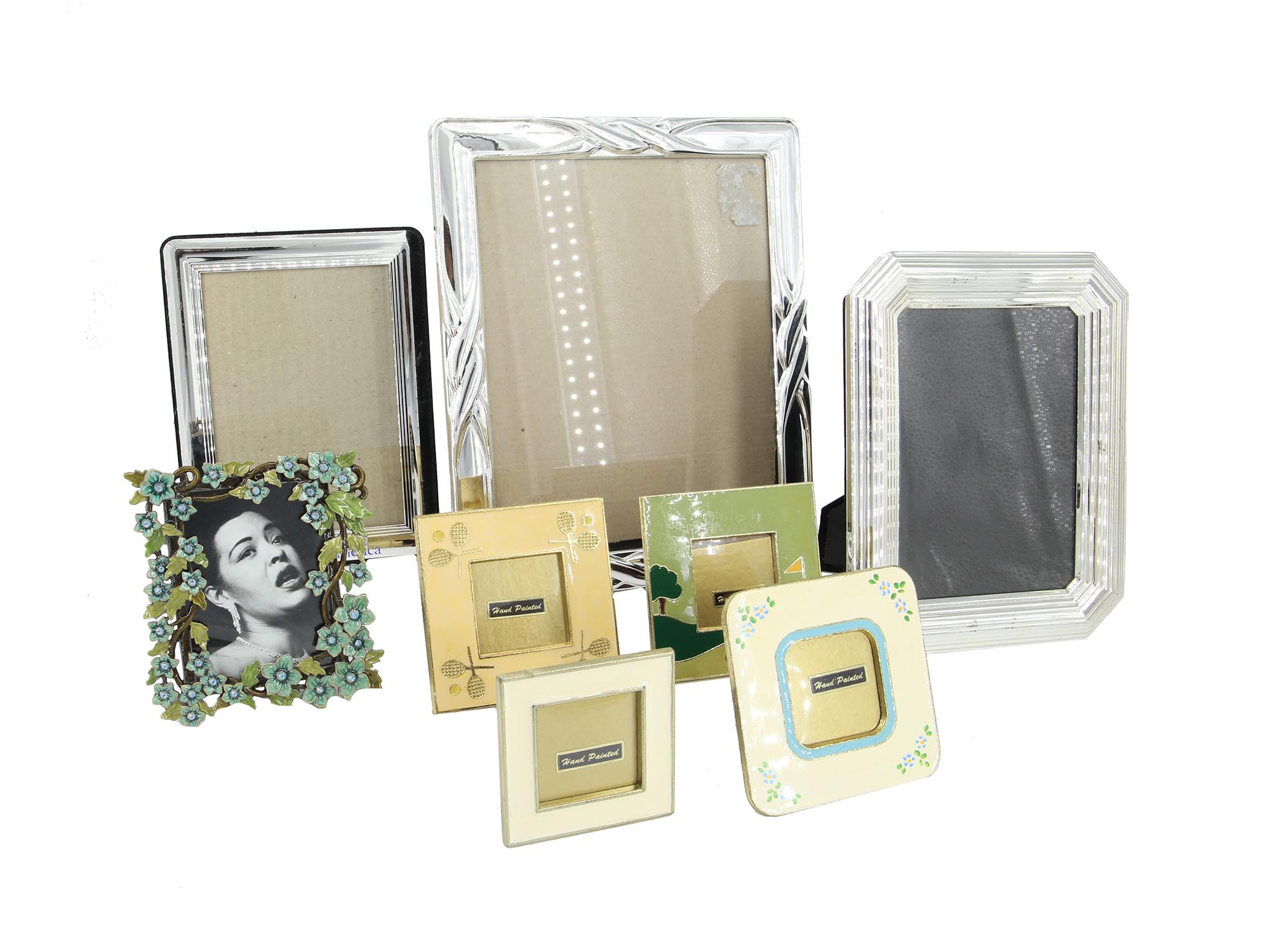 COLLECTION OF EIGHT VARIOUS ENAMELED PHOTO FRAMES PIC-0